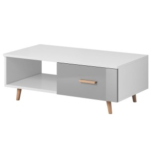 Table basse EDEN 110 cm avec 1 tiroir et 1 niche, coloris blanc et gris.