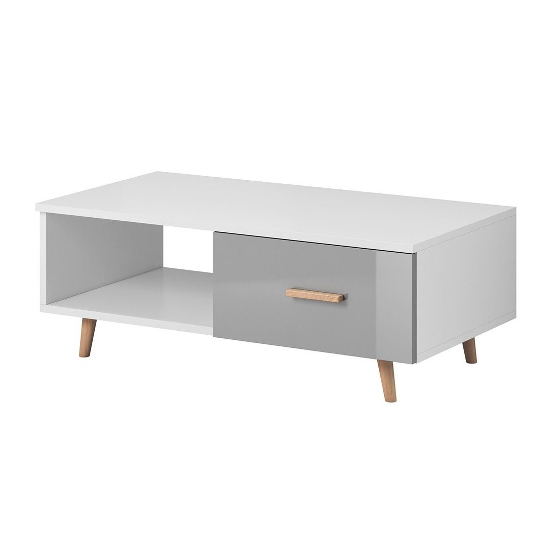 Table basse EDEN 110 cm avec 1 tiroir et 1 niche, coloris blanc et gris.