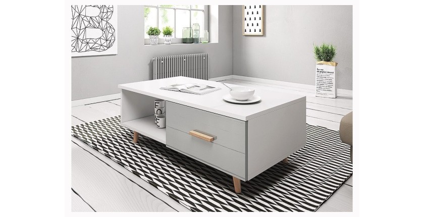 Table basse EDEN 110 cm avec 1 tiroir et 1 niche, coloris blanc et gris.