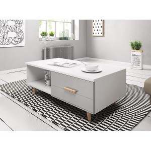 Table basse EDEN 110 cm avec 1 tiroir et 1 niche, coloris blanc et gris.
