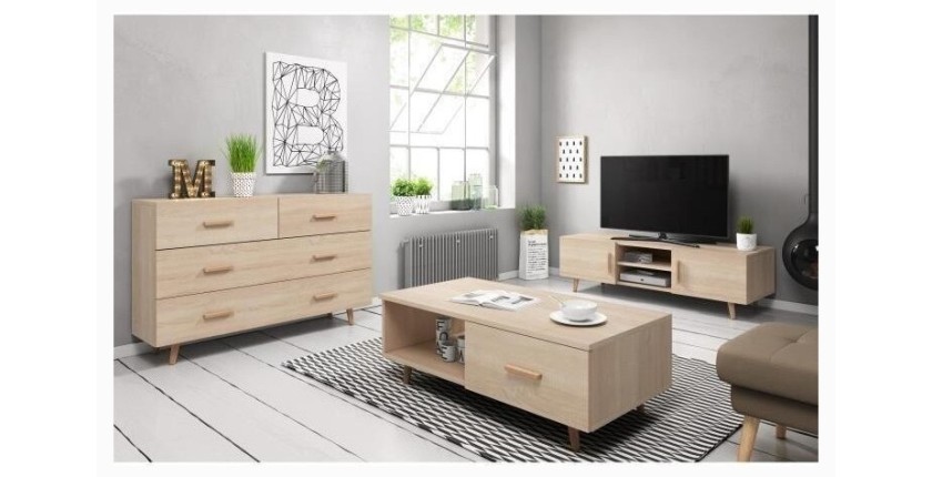 Table basse EDEN 110 cm avec 1 tiroir et 1 niche, coloris chêne sonoma.