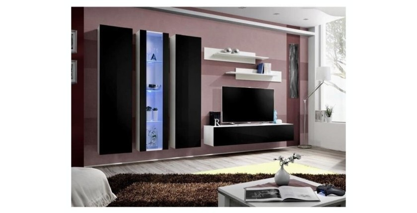 Meuble TV FLY C4 design, coloris blanc et noir brillant. Meuble suspendu moderne et tendance pour votre salon.