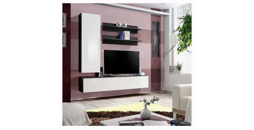 Meuble TV FLY H1 design, coloris noir et blanc brillant. Meuble suspendu moderne et tendance pour votre salon.