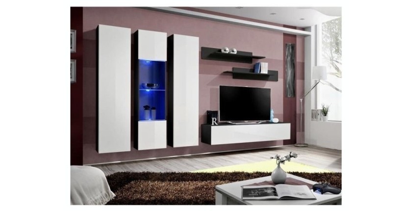 Meuble TV FLY C5 design, coloris noir et blanc brillant. Meuble suspendu moderne et tendance pour votre salon.