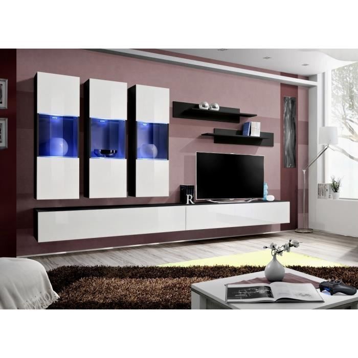Meuble TV FLY E2 design, coloris noir et blanc brillant. Meuble suspendu moderne et tendance pour votre salon.
