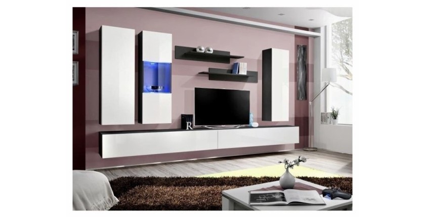 Meuble TV FLY E5 design, coloris noir et blanc brillant. Meuble suspendu moderne et tendance pour votre salon.