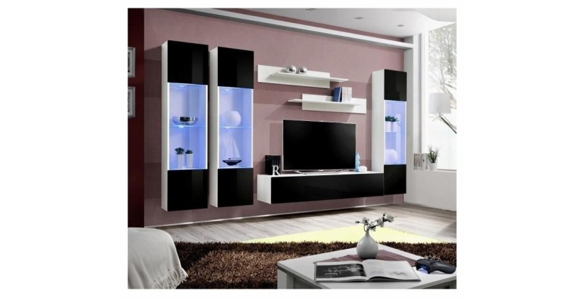 Meuble TV FLY C3 design, coloris blanc et noir brillant. Meuble suspendu moderne et tendance pour votre salon.