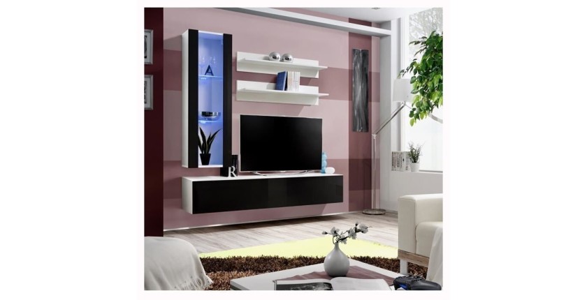 Meuble TV FLY H2 design, coloris blanc et noir brillant. Meuble suspendu moderne et tendance pour votre salon.