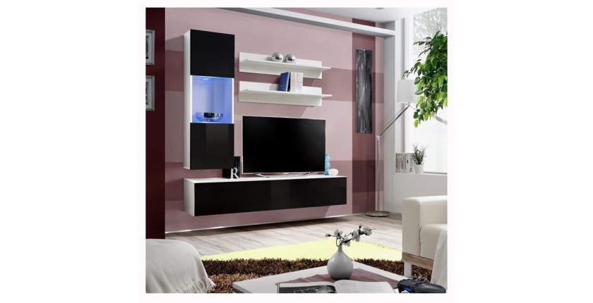 Meuble TV FLY H3 design, coloris blanc et noir brillant. Meuble suspendu moderne et tendance pour votre salon.