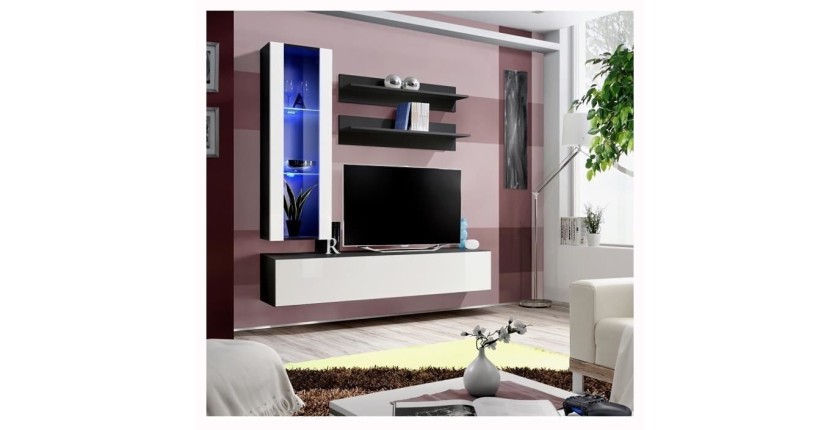 Meuble TV FLY H2 design, coloris noir et blanc brillant. Meuble suspendu moderne et tendance pour votre salon.