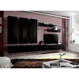 Meuble TV FLY E1 design, coloris noir brillant. Meuble suspendu moderne et tendance pour votre salon.