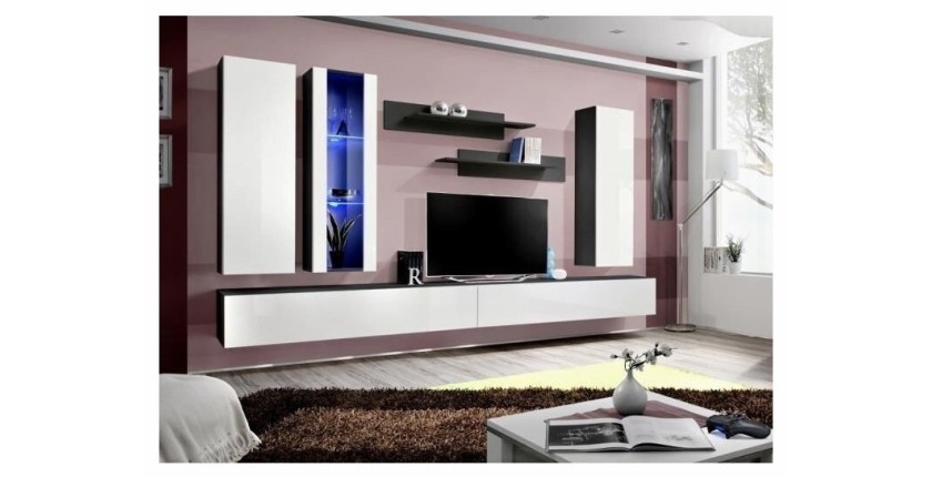 Meuble TV FLY E4 design, coloris blanc brillant. Meuble suspendu moderne et tendance pour votre salon.