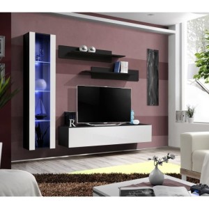 Meuble TV FLY G2 design, coloris noir et blanc brillant. Meuble suspendu moderne et tendance pour votre salon.