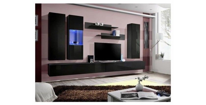 Meuble TV FLY E5 design, coloris noir brillant. Meuble suspendu moderne et tendance pour votre salon.