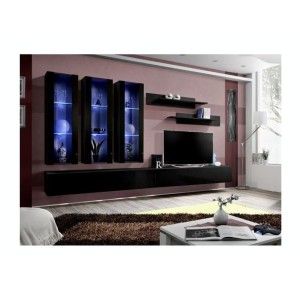 Meuble TV FLY E3 design, coloris noir brillant. Meuble suspendu moderne et tendance pour votre salon.