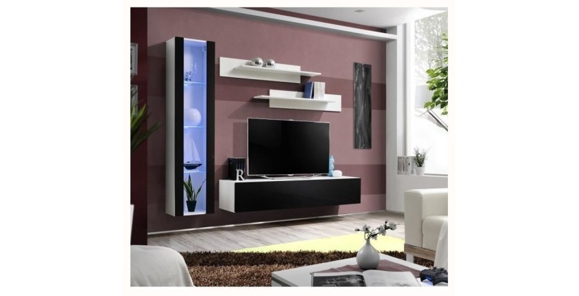 Meuble TV FLY G2 design, coloris blanc et noir brillant. Meuble suspendu moderne et tendance pour votre salon.