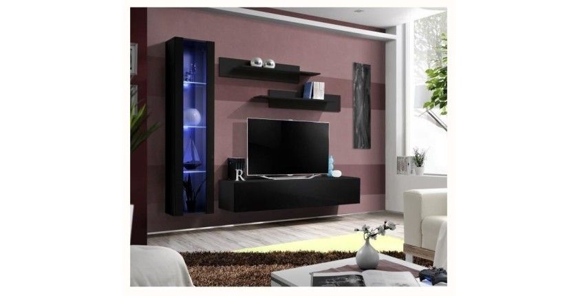 Meuble TV FLY G2 design, coloris noir brillant. Meuble suspendu moderne et tendance pour votre salon.