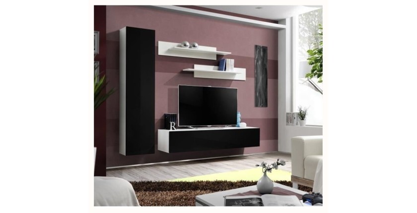 Meuble TV FLY G1 design, coloris blanc et noir brillant. Meuble suspendu moderne et tendance pour votre salon.