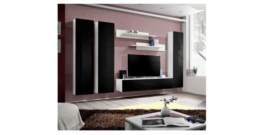 Meuble TV FLY C1 design, coloris blanc et noir brillant. Meuble suspendu moderne et tendance pour votre salon.