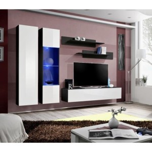 Meuble TV FLY A5 design, coloris noir et blanc brillant + LED. Meuble suspendu moderne et tendance pour votre salon.
