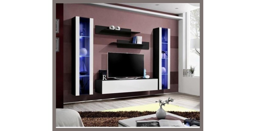 Meuble TV FLY A2 design, coloris noir et blanc brillant + LED. Meuble suspendu moderne et tendance pour votre salon.