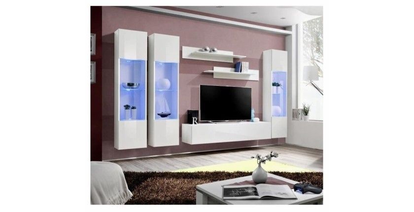 Meuble TV FLY C3 design, coloris blanc brillant. Meuble suspendu moderne et tendance pour votre salon.