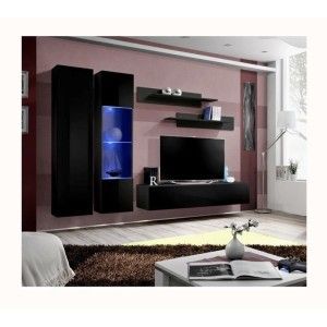 Meuble TV FLY A5 design, coloris noir brillant + LED. Meuble suspendu moderne et tendance pour votre salon.
