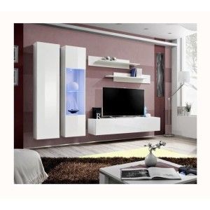 Meuble TV FLY A5 design, coloris blanc brillant + LED. Meuble suspendu moderne et tendance pour votre salon.