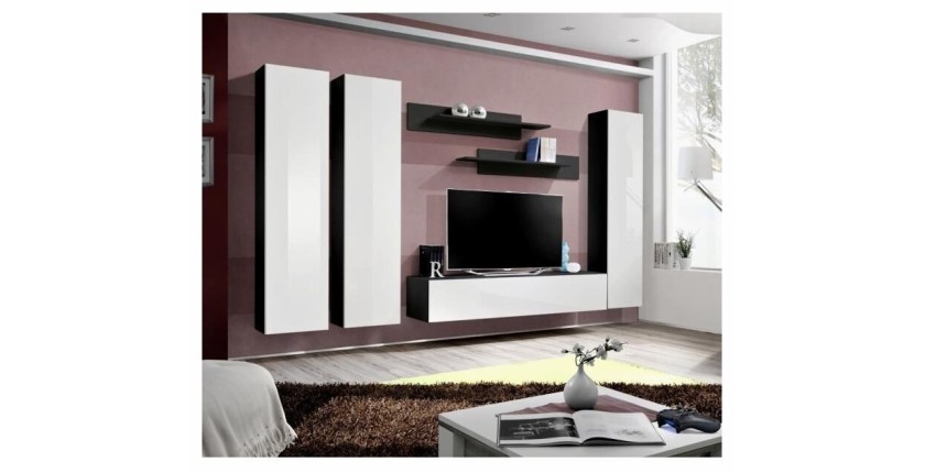 Meuble TV FLY C1 design, coloris noir et blanc brillant. Meuble suspendu moderne et tendance pour votre salon.