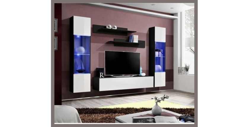 Meuble TV FLY A3 design, coloris noir et blanc brillant + LED. Meuble suspendu moderne et tendance pour votre salon