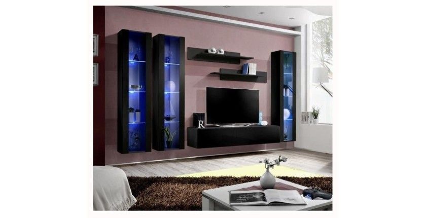 Meuble TV FLY C2 design, coloris noir brillant. Meuble suspendu moderne et tendance pour votre salon.