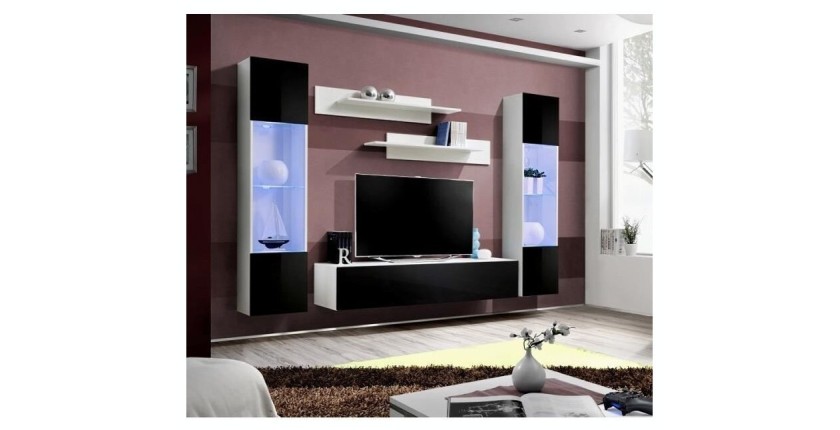 Meuble TV FLY A3 design, coloris blanc et noir brillant + LED. Meuble suspendu moderne et tendance pour votre salon.