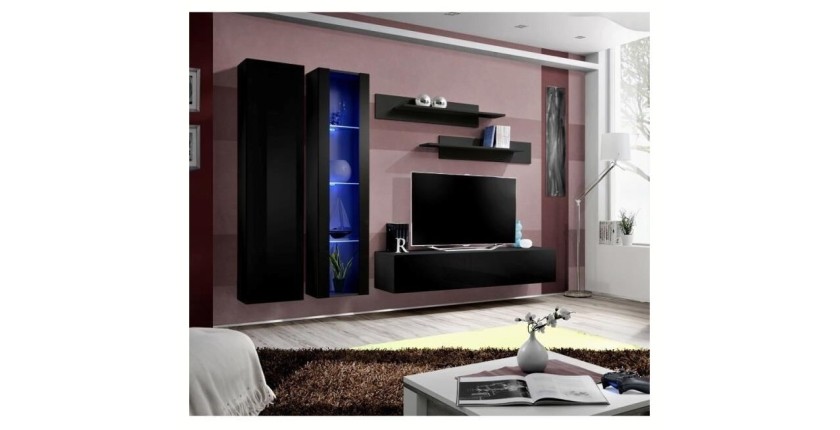 Meuble TV FLY A4 design, coloris noir brillant + LED. Meuble suspendu moderne et tendance pour votre salon