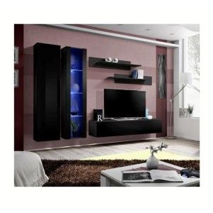 Meuble TV FLY A4 design, coloris noir brillant + LED. Meuble suspendu moderne et tendance pour votre salon