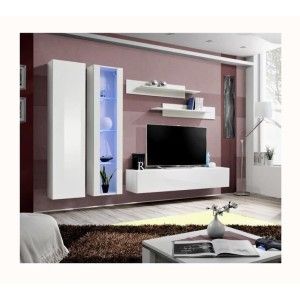 Meuble TV FLY A4 design, coloris blanc brillant + LED. Meuble suspendu moderne et tendance pour votre salon.