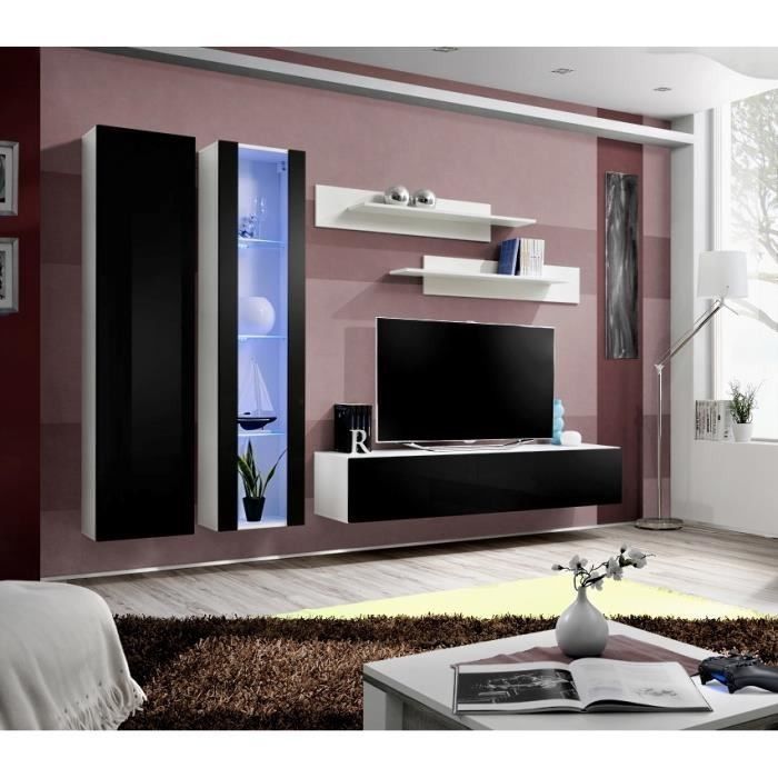 Meuble TV FLY A4 design, coloris blanc et noir brillant + LED. Meuble suspendu moderne et tendance pour votre salon