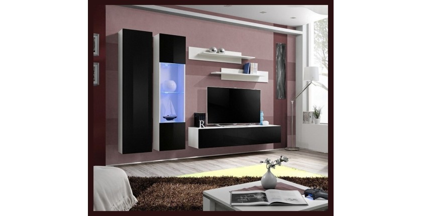 Ensemble meuble TV mural FLY-A noir et blanc avec LED