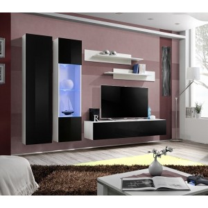 Ensemble meuble TV mural FLY-A noir et blanc avec LED