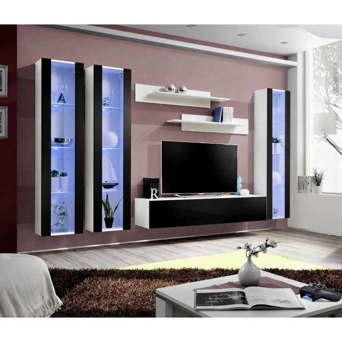 Meuble TV suspendu - FLY A4 - Couleur blanc et noir brillant.