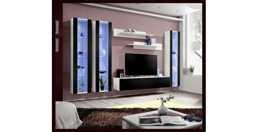 Meuble TV suspendu - FLY A4 - Couleur blanc et noir brillant.