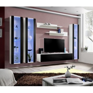 Meuble TV suspendu - FLY A4 - Couleur blanc et noir brillant.