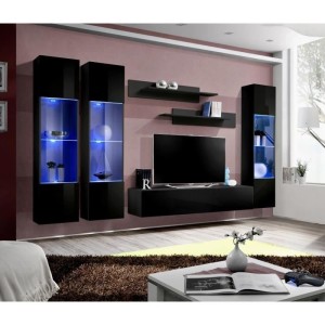 Meuble TV FLY C3 design, coloris noir brillant. Meuble suspendu moderne et tendance pour votre salon.