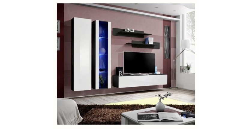 Meuble TV FLY A4 design, coloris noir et blanc brillant + LED. Meuble suspendu moderne et tendance pour votre salon.