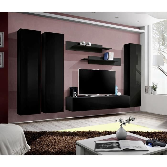 Meuble TV FLY design, coloris noir brillant. Meuble suspendu.
