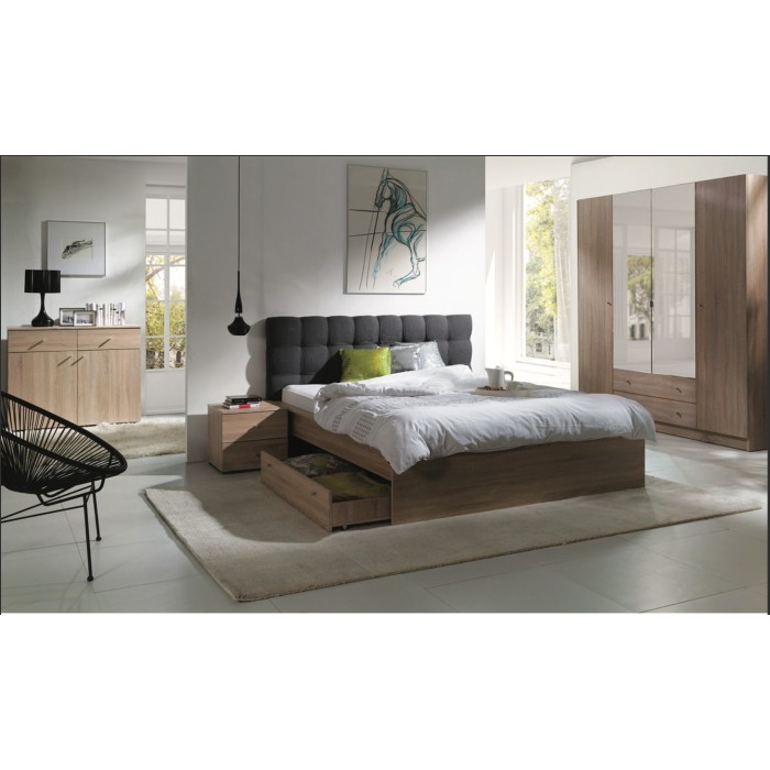 Chambre à coucher complète MAXIM. Lit adulte 160x200 cm + tiroir + sommier + chevets + commode + armoire\garde robe