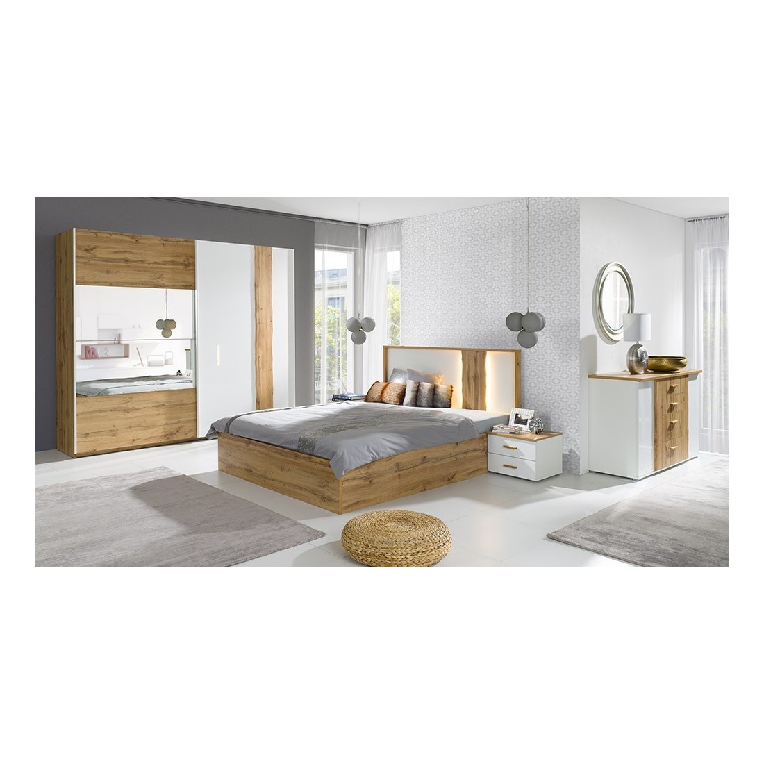 Chambre à coucher complète WOOD chêne et blanc. Lit coffre + armoire + commode + 2 chevets
