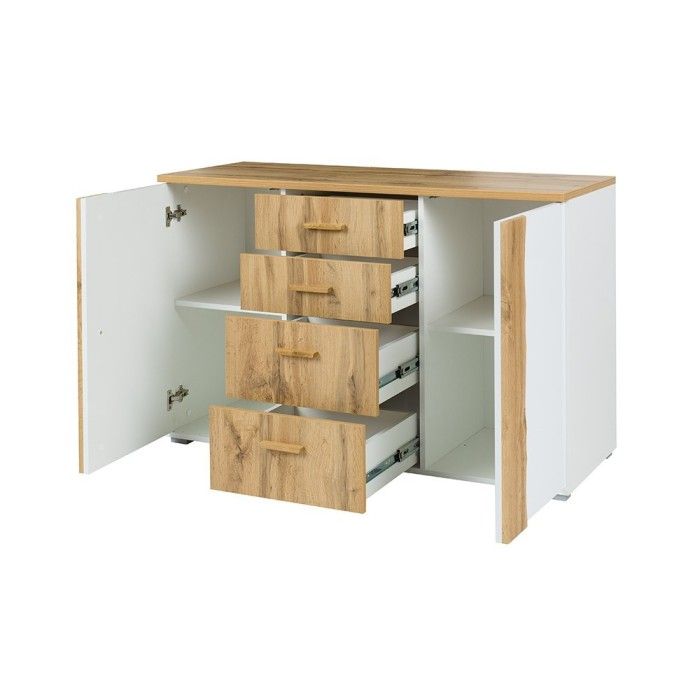 Chambre à coucher complète WOOD chêne et blanc. Lit coffre + armoire + commode + 2 chevets