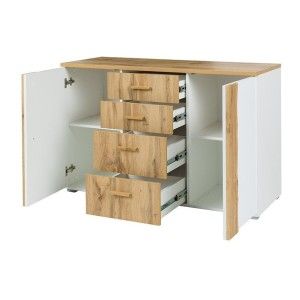 Chambre à coucher complète WOOD chêne et blanc. Lit coffre + armoire + commode + 2 chevets