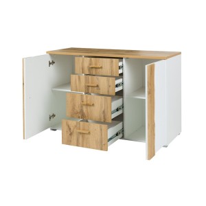 Chambre à coucher complète WOOD chêne et blanc. Lit coffre + armoire + commode + 2 chevets