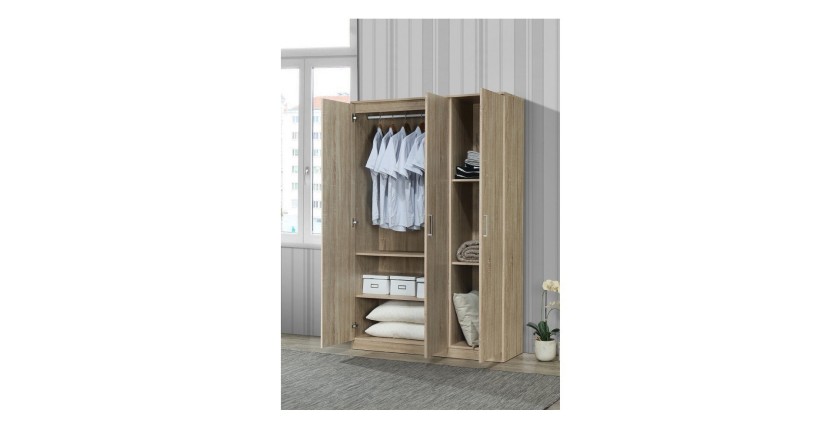 Armoire\Garde robe BERGAMA, 3 portes, contemporaine chêne Sonoma et poignées grises.